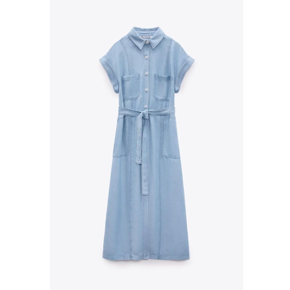 NWT ZARA BELTED LIGHT JEAN LINEN BLEND BUTTON DOWN DENIM MIDI SHIRT DRESS XS